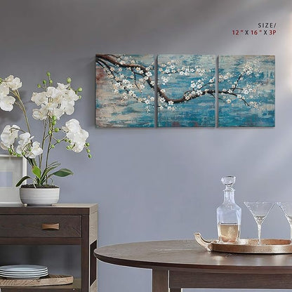 3 Piece Wall Art Hand-Painted Framed Flower Oil Painting On Canvas Gallery Wrapped Modern Floral Artwork for Living Room Bedroom Décor Teal Blue Lake Ready to Hang 12"x16"x3 panel