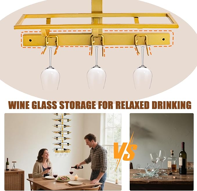 16 Bottle Wall Mount Wine Rack with Wine Glass Holder, Metal Wine Wall Rack, Wall Racks for Wine Bottles Display and Storage, Hanging Bottle Organizer for Living Dining Room Wine Cellar Bar (Gold)