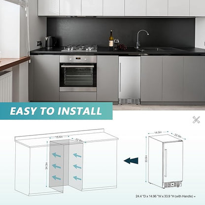 EUHOMY Beverage Refrigerator 15 Inch, Under Counter 127 Can Beverage Fridge with Stainless Steel Door, Beverage Cooler Built-in and Undercounter Drink Fridge - Soda Cola