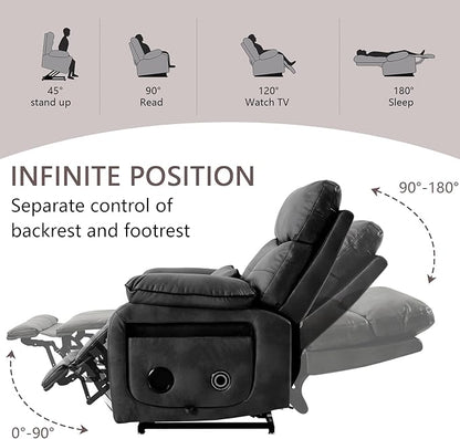 Dual Motor Power Lift Recliner Chair for Adult & Elderly, Infinite Position Lay Flat Lift Chair with Heat & Massage, Cup Holder, Lumbar Pillow, Wireless Charger, USB Ports, Leather (Silver Grey)