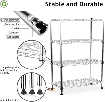 1000 lbs Storage Shelving Steel Heavy Duty 4-Tier Utility Shelving Unit Steel Organizer Wire Rack for Home,Kitchen,Office,Chrome (13.7" D x 29.5" W x 47.2" H)