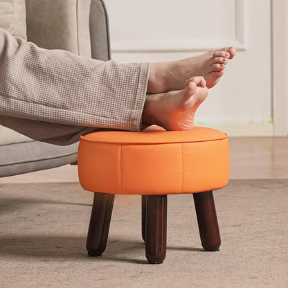 13in Small Foot Stool Ottoman, Round Faux Leather Foot Rest for Couch, Under Desk Pouf Footstool Footrest with Non-Skid Rubber Legs for Ling Room, Bedroom, 13''L x 13''W x 10.2''H, Orange