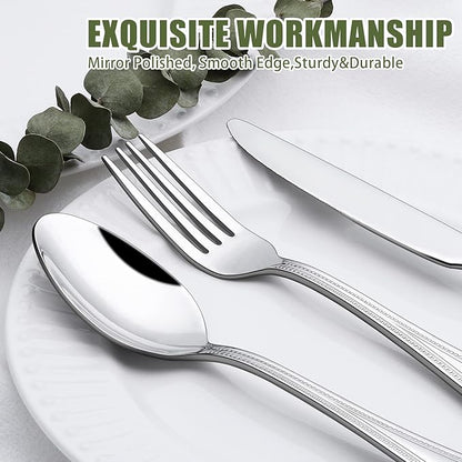 60-Piece Silverware Set for 12, Stainless Steel Flatware, Mirror Polished Cutlery Set, Utensils Include Spoons, Forks, Knives for Home, Restaurant, Beaded Handle, Dishwasher Safe