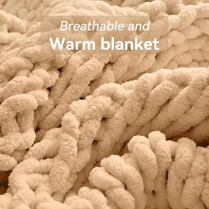 Chunky Knit Throw Blanket, 50''*60'' Knitted Throw Chenille Yarn for Bed Couch, Handmade Beige Crochet Big Thick Blanket, Machine Washable Cute Comfy Blanket for Home Decor