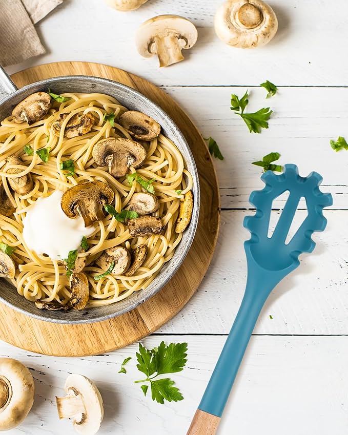 Silicone Pasta Fork, Kitchen Heat Resistant Noodle Spoon Server, BPA Free Spaghetti Strainer,12.8 inch (BLUE)