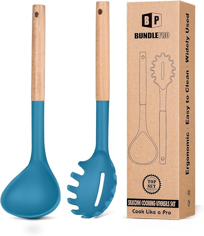 Silicone Pasta Fork and Ladle Spoon Set with Wooden Handle, Heat Resistant Non Stick Kitchen Utensils for Cooking, Stirring, Serving Spaghetti, Soup, Sauce(BLUE)