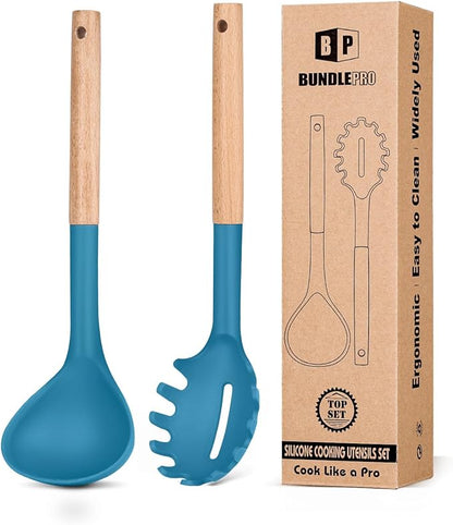 Silicone Pasta Fork and Ladle Spoon Set with Wooden Handle, Heat Resistant Non Stick Kitchen Utensils for Cooking, Stirring, Serving Spaghetti, Soup, Sauce(BLUE)