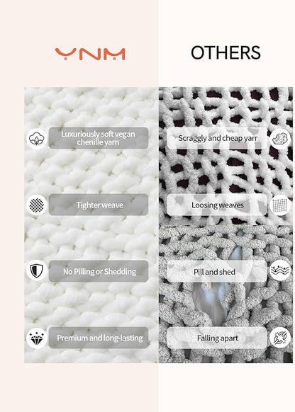 YnM Chunky Throw Blanket, Medium-Weight, Hand Knitted with Chenielle Yarn, Skin Friendly, Ventilated and Breathable, Machine Washable, Home Décor Piece for Couch, Sofa and Bed (White, 50x60 Inch)