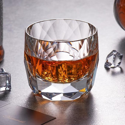 KAMMAK Crystal Whiskey Glasses Set of 2, 7.1oz Old Fashioned Glasses Stemless, Hand Blown White Cocktail Glasses, Luxury Handcrafted Cut Ice Ball Cup for Women, Perfect Men Gift for Bourbon