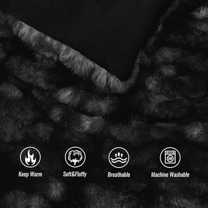 Ultra Soft Luxury Faux Fur Twin Blanket for Counch,Fuzzy Fluffy Plush Warm Cozy Elegant Wrinkled Blanket for Sofa Bedroom Living Room,（60"x80",Tie-dye Black）