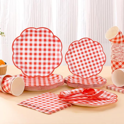 175 Pcs Red Gingham Plates and Napkins Party Supplies - Red and White Checkered Plates Sets Serve 25 Guests - Scalloped Gingham Paper Plate for Birthday Picnic BBQ Christmas Party Decorations