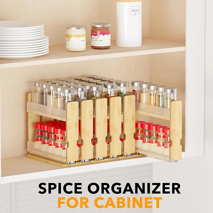 SpaceAid Bamboo Pull Out Spice Rack Organizer for Cabinet, Heavy Duty Slide Out Seasoning Kitchen Pantry Sliding Vertical Organization, 5.1" Wide, 2 Drawers(2" Wide), 2-Tier, Natural