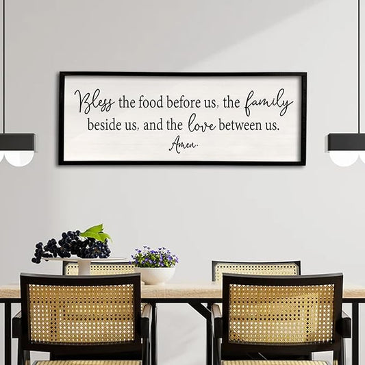 Bless the Food Before Us Sign Wall Decor 40"X15" Large Farmhouse Dining Room Wall Decor Framed Wood Rustic Home Wall Art Kitchen Decoration (Black)