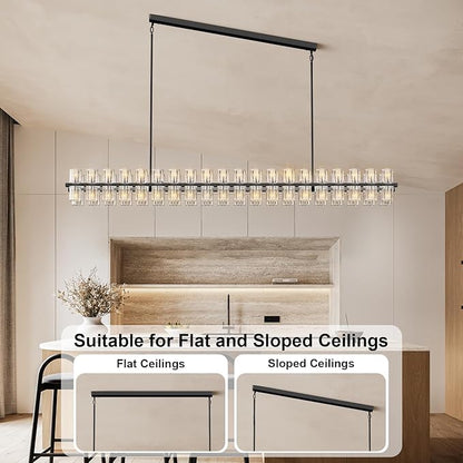 Crystal Black Rectangular Chandelier Light Fixture,72 in Large Dining Room Chandelier Over Table,Modern Chandeliers for Living Room,Arcachon Chandeliers,Kitchen Island,Includes 80xG4 Bulbs