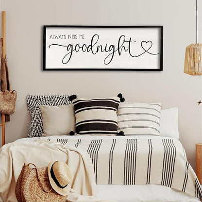 flowtorely Always Kiss Me Goodnight Wall Sign For Master Bedroom Above Bed Wall Decor 40''×15'' Large Rustic Solid Wood Frame For Farmhouse Couples Above bed Wall Art Decoration (Black)