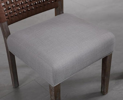 Kmax Farmhouse Dining Chairs Set of 4, Rustic Kitchen Chairs with Linen Fabric Seat and Woven Back, Vintage Accent Chairs for Dining Room, Living Room, Grey