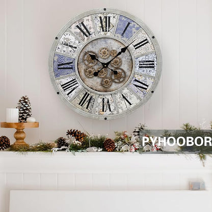 Unique Moving Gear Large Wall Clock 21inch-Battery Powered. Retro Industrial Steampunk Country Farmhouse Decor for The Living Room Kitchen Bars cafes Offices(whith/metal/21)
