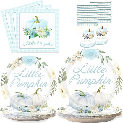 Aukolass Pumpkin Party Supplies Tableware Set - Fall Theme Party Decorations Including Plates, Napkins and Cups for Pumpkin Birthday and Baby Shower Party, Serves 24 Guests (blue)
