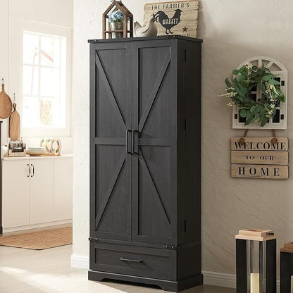 72" Farmhouse Kitchen Pantry Cabinet with Drawer, Tall Storage Cabinet with 2 Barn Doors and Shelves, Versatile Large Rustic Storage for Dining Room, Bathroom, Living Room, Black
