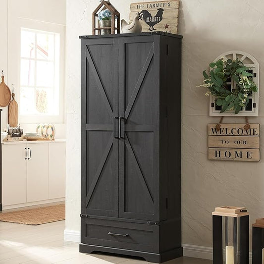72" Farmhouse Kitchen Pantry Cabinet with Drawer, Tall Storage Cabinet with 2 Barn Doors and Shelves, Versatile Large Rustic Storage for Dining Room, Bathroom, Living Room, Black