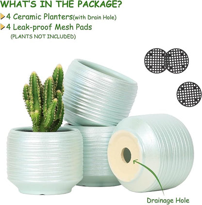 Mini Succulent Planter Set – 3.7 Inch Ceramic Pots with Drainage for Indoor Plants, Small Decorative Flower Pots for Cactus and House Plants, Set of 4
