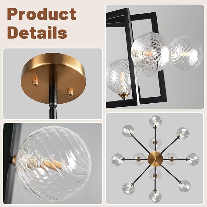 12 Light Black Farmhouse Chandelier Geometric Metal Dining Room Light Fixture Height Adjustable Black Chandeliers for Dining Room Clear Glass Farmhouse Industrial Pendant Lights for Bedroom, Entryway