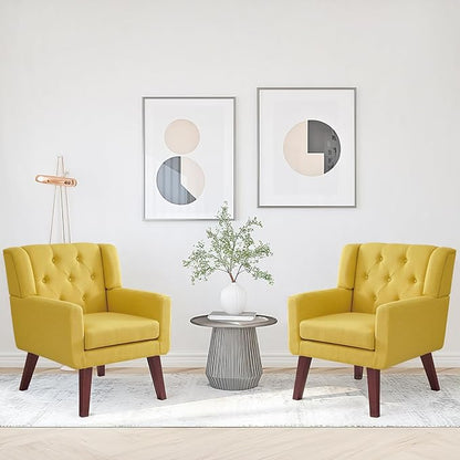 Accent Chair Button-Tufted Upholstered Living Room Chairs Comfy Reading Chair Mid Century Modern Chair with Linen Fabric Lounge Arm Chairs for Living Room Bedroom (Bright Yellow)