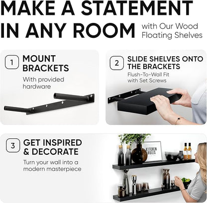 Homeforia Black Floating Shelf 48 inches, High End Solid Real Wood 48 inch Long Floating Shelves for Wall, Black Wooden 48inch Large Floating Shelves, Heavy Duty Bracket, 48 X 6.5 X 1.75 in, Set of 2