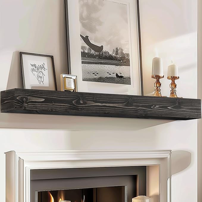 72x8x5 Fireplace Mantel - Handcrafted Hollow Rustic Solid Wood Wall Mounted Floating Shelf with Invisible Heavy Duty Wood Bracket (Weathered Black)