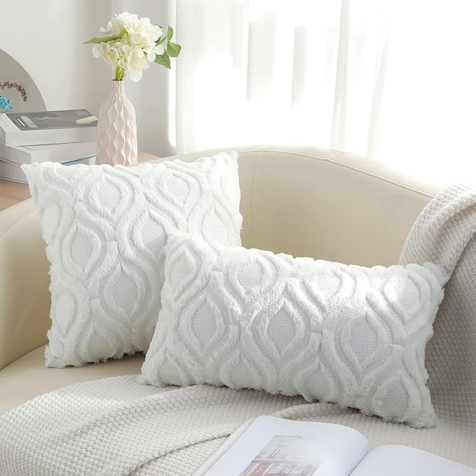 decorUhome Fall Throw Pillow Covers 22x22 Inch Set of 2, Soft Plush Decorative Faux Fur White Solid Couch Pillow Covers, Accent Farmhouse Neutral Square Euro Pillow Cases for Sofa Bed Living Room