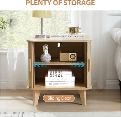 Farmhouse Square End Table with Charging Station, 24" Large Fluted Sofa Side Table with Sliding Tambour Door and Storage, Rustic Curved Wood Nightstand for Living Room, Bedroom, Natural