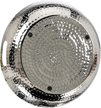 MyGift 14 Inch Deluxe Decorative Dish Tray Centerpiece Base, Silver Tone Plated Hammered Aluminum Fruit Bowl Serving Platter with Cutout Handles - Handcrafted in India
