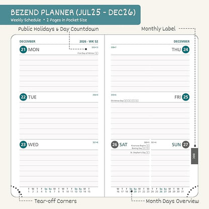 BEZEND Pocket Planner 2025-2026 Weekly and Monthly, 3.5" x 6" Academic Planner (Jul 25-Dec 26) 18-Month Mid-Year Calendar Book, Storage Pocket, Pen Holder, PU Leather Hardcover - Mint Green