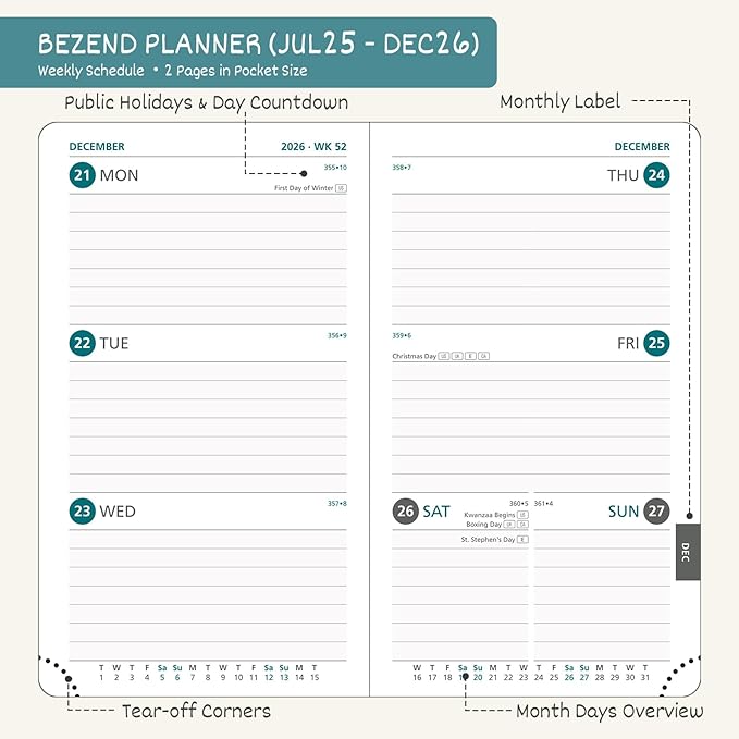 BEZEND Pocket Planner 2025-2026 Weekly and Monthly, 3.5" x 6" Academic Planner (Jul 25-Dec 26) 18-Month Mid-Year Calendar Book, Storage Pocket, Pen Holder, PU Leather Hardcover - Dark Green