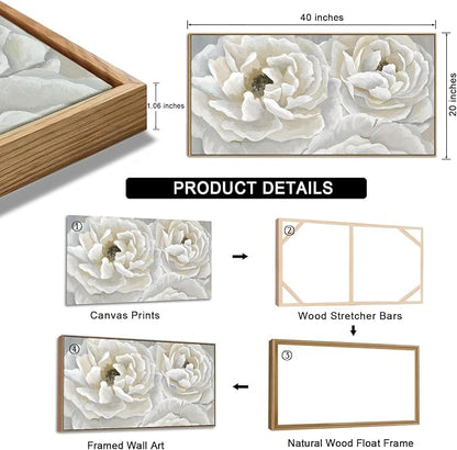 arteWOODS Cream White Flowers Framed Wall Art - Soft Peony Pictures for Wall Decor Elegant Blossom Flower Painting Artwork Botanical Prints for Living Room Home Office Wall Decoration 20" x 40"
