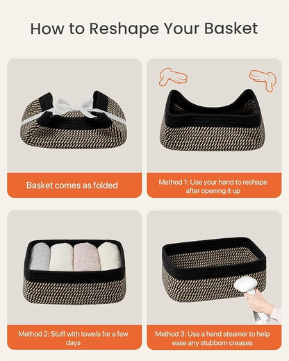 KALLAX Small Woven Basket, 12 x 8 x 4.5 Inches, Storage Basket for Organizing, Cute Small Rope Shelf Closet Cube Storage Bins Baskets for Shelves, Dog Toy Gift Baskets Empty, 3 Pack Black & Brown