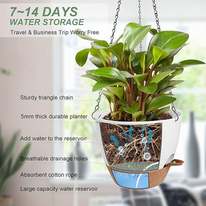 Hanging Planters for Indoor Outdoor Plants, 2 Pack Self Watering Hanging Pot with Drainage Holes & Removable Tray (White, 8'')