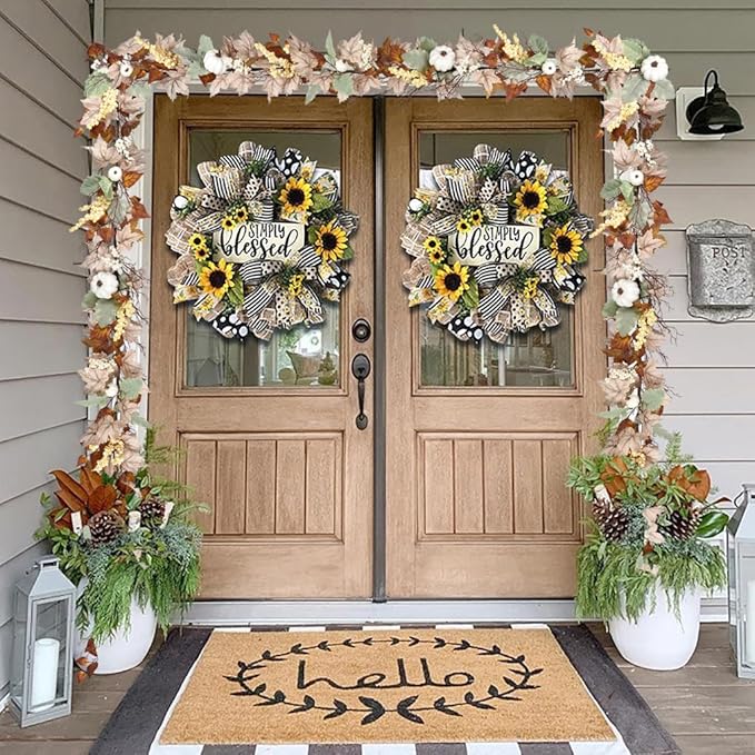 DearHouse Fall Garland Maple Leaf, 5.9Ft Hanging Vine Garland White with Pumpkins and Berries Thanksgiving Decor for Home Wedding Fireplace Party Christmas (White&Brown)