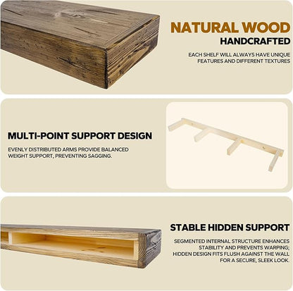 Floating Shelves 3 inch Thick for Wall Set of 2,Solid Pine Wood Wall Mount Shelf for Kitchen Living Room Bedroom Bathroom,8" D x 36" L x 3" H-Distressed Black Walnut