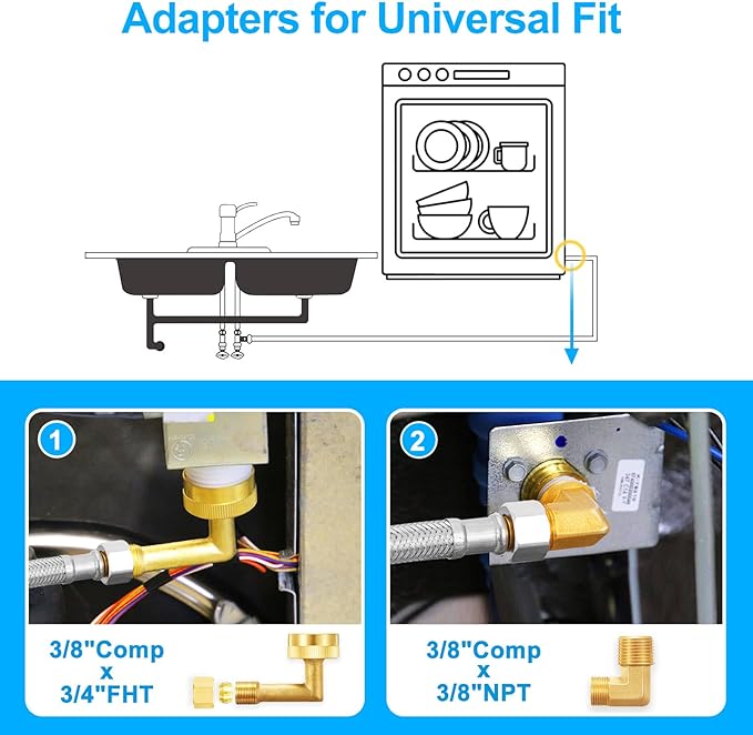 Dishwasher Installation Kit - 6 FT Premium Stainless Steel Braided Dishwasher Hose kit,Food Grade PEX Inner Tube Dishwasher Water Supply Line with 3/8"x3/8"MIP Elbow,3/8"x 3/4" FHT Elbow