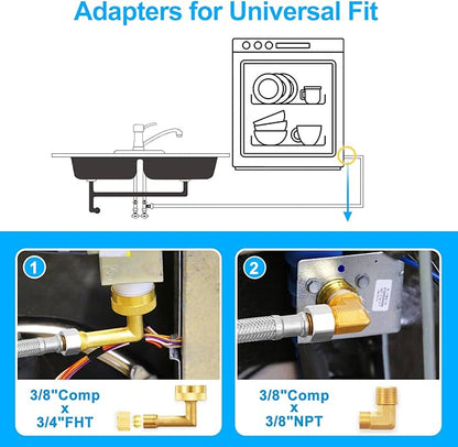 Dishwasher Installation Kit - 6 FT Premium Stainless Steel Braided Dishwasher Hose kit,Food Grade PEX Inner Tube Dishwasher Water Supply Line with 3/8"x3/8"MIP Elbow,3/8"x 3/4" FHT Elbow
