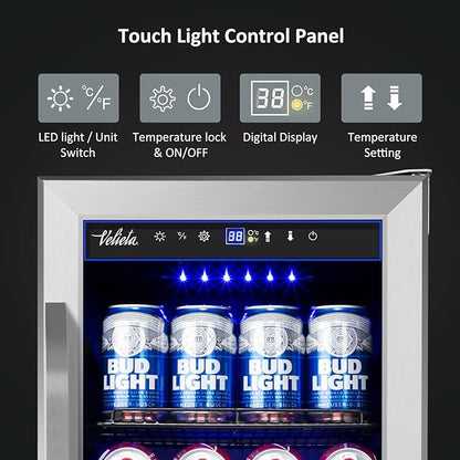 15'' Beverage Refrigerator and Beer Fridge Under Counter Built-in or Freestanding,127 Cans Beverage Cooler with Glass Door and Lock for Bottles and Cans Beer/Soda/Water/Wine