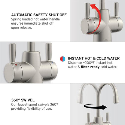 InSinkErator HOT250 Instant Hot and Cold Water Dispenser System, 2-Handle Drinking Water Faucet in Satin Nickel with 2/3-Gallon, Filter-Compatible, Stainless Steel Tank, HC250SN-SS