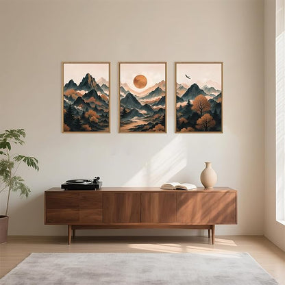 Large Boho Mountain Framed Canvas Wall Art Set, Brown Ridge Landscape Wall Decor, Pine Tree Scenery Wall Painting, Abstract Wilderness Art Print for Living Room, Bedroom, Office - 16"X24"X3