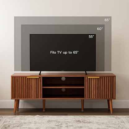 TV Stand for Living Room, Mid Century Modern Entertainment Center for 55/60/65 inch TVs, TV Console with Fluted Door Cabinets and Open Shelves, for Bedroom, Walnut