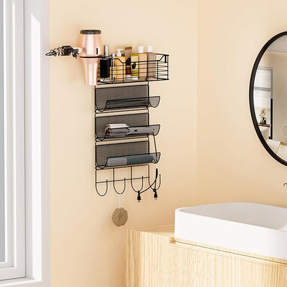 VITVITI Metal Hair Tool Organizer Wall Mount, Hair Dryer Holder with 4 Tier Shelf Basket Hooks, Bathroom Hair Styling Tool Organizer for Curling Iron/Blow Dryer/Straightener, Matte Black