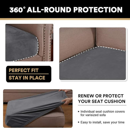 PrinceDeco Velvet Couch Cushion Cover Soft Stretch Cushion Slipcover for Chair Loveseat Sofa Cushion Furniture Protector Seat Cushion Sofa Cover (2 Piece Large Sofa Cushion Covers, Grey)