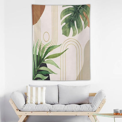 Abstract Boho Tapestry, Mid Century Tropical Tree Leaves Modern Geometric Arch Bohemian Botanical Tapestry, Home Aesthetic Wall Hanging Art Decor for Living Room Bedroom Dormitory 50x60 Inch