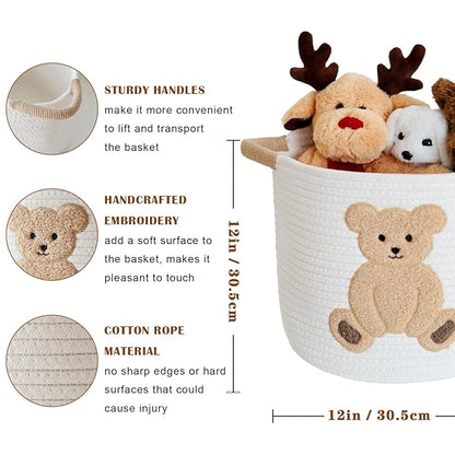 INough Cotton Rope Basket Toy Storage Baskets for kids Laundry Hamper, Gift Basket Empty Baby Shower Baskets with Handles, Cute Bins Blanket Stuffed Animal Storage for Nursery, Living Room Decor, Bear