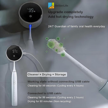Toothbrush Holders Cleaner & Dryer for Bathroom - Mirror Wall Mounted [Rechargeable, Auto Sensor Open/Close Lid, LED Smart Screen] Adhesive Electric Tooth Brush Razor Holder with Cover for Home Travel